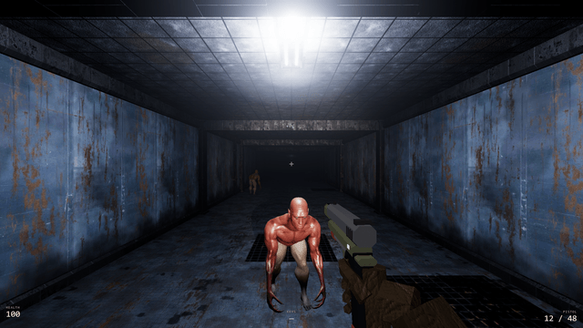 Life Detected — A grunt waiting under a ceiling lamp in the derelict lab.