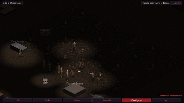 The Village of Suffering — Night one: gravediggers at work by lantern light, with the first skeletons standing by.